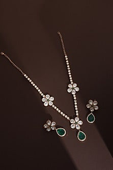 Rose Gold Finish Green Kundan Polki Handmade Long Necklace Set