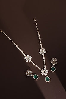 Rose Gold Finish Green Kundan Polki Handmade Long Necklace Set