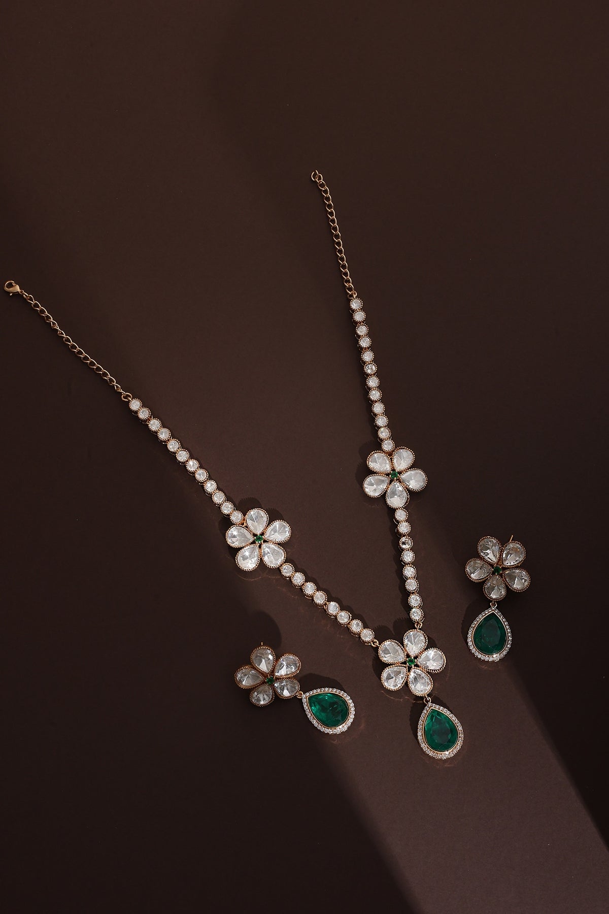 Rose Gold Finish Green Kundan Polki Handmade Long Necklace Set