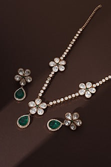 Rose Gold Finish Green Kundan Polki Handmade Long Necklace Set