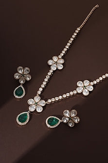 Rose Gold Finish Green Kundan Polki Handmade Long Necklace Set