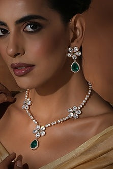Rose Gold Finish Green Kundan Polki Handmade Long Necklace Set