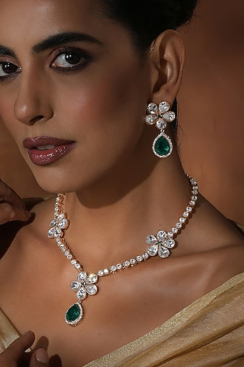 Rose Gold Finish Green Kundan Polki Handmade Long Necklace Set