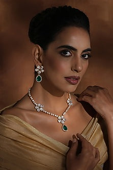 Rose Gold Finish Green Kundan Polki Handmade Long Necklace Set
