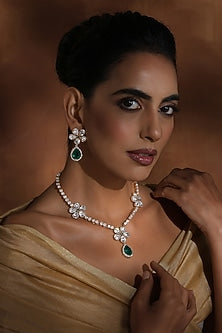 Rose Gold Finish Green Kundan Polki Handmade Long Necklace Set