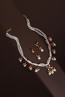 Rose Gold Finish Red Kundan Polki Handmade Necklace Set