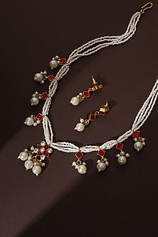 Rose Gold Finish Red Kundan Polki Handmade Necklace Set