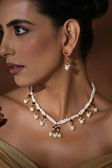 Rose Gold Finish Red Kundan Polki Handmade Necklace Set
