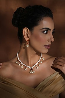 Rose Gold Finish Red Kundan Polki Handmade Necklace Set
