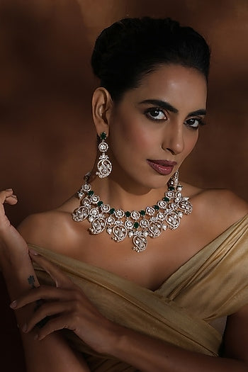 Rose Gold Finish Green Kundan Polki Handmade Necklace Set