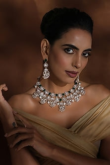 Rose Gold Finish Green Kundan Polki Handmade Necklace Set