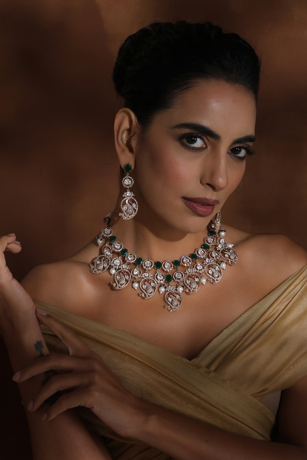 Rose Gold Finish Green Kundan Polki Handmade Necklace Set