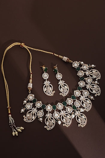Rose Gold Finish Green Kundan Polki Handmade Necklace Set