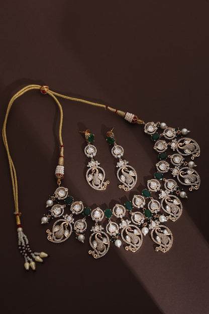 Rose Gold Finish Green Kundan Polki Handmade Necklace Set