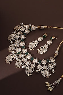 Rose Gold Finish Green Kundan Polki Handmade Necklace Set