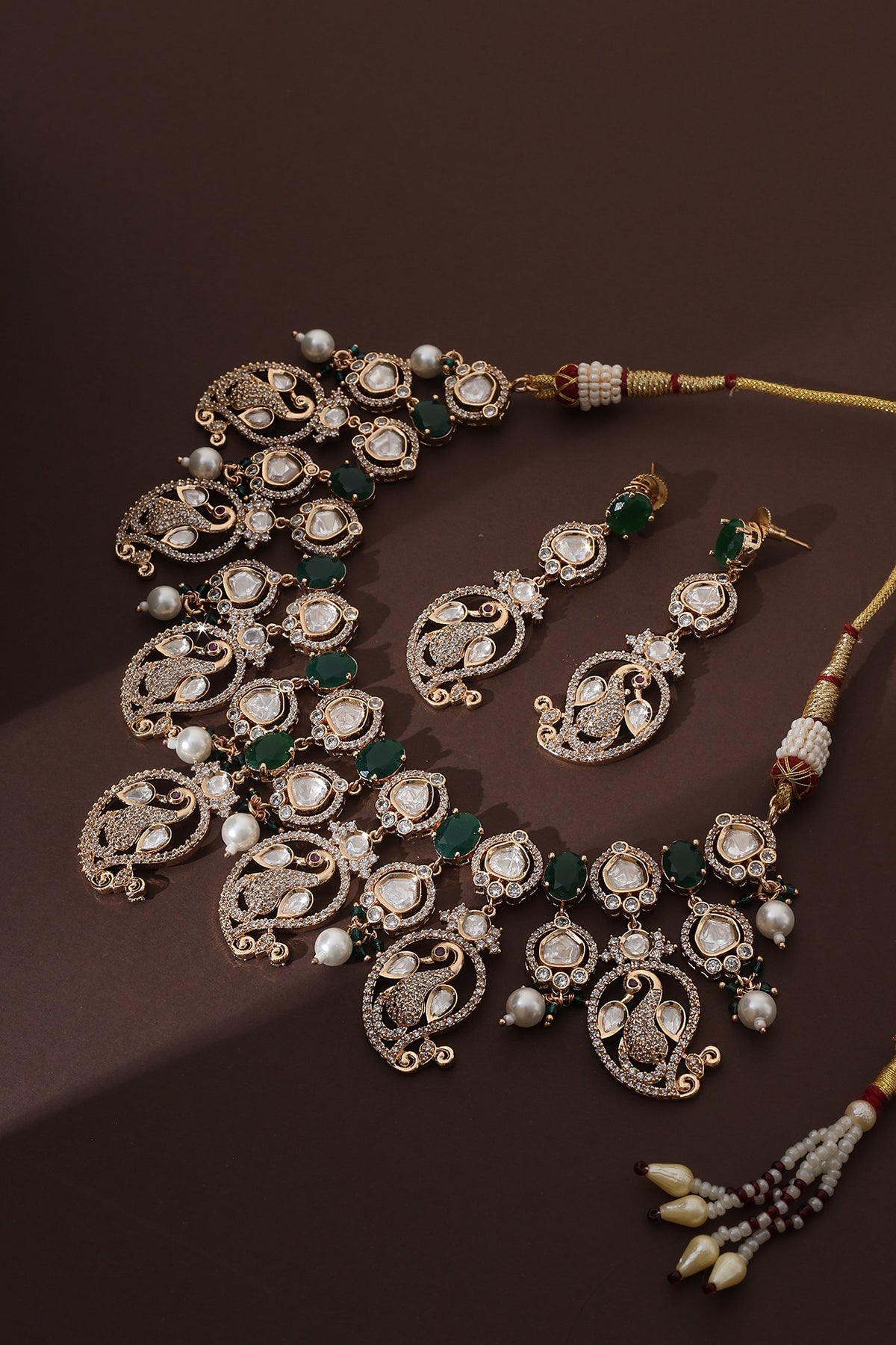 Rose Gold Finish Green Kundan Polki Handmade Necklace Set