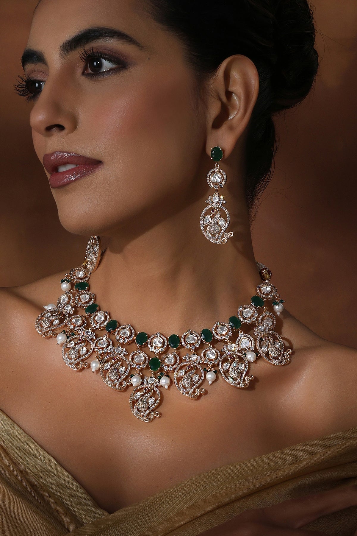 Rose Gold Finish Green Kundan Polki Handmade Necklace Set