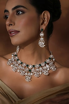 Rose Gold Finish Green Kundan Polki Handmade Necklace Set