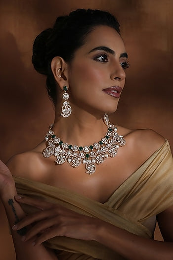 Rose Gold Finish Green Kundan Polki Handmade Necklace Set
