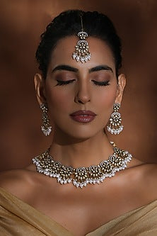 Rose Gold Finish White Kundan Polki Handmade Necklace Set