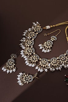 Rose Gold Finish White Kundan Polki Handmade Necklace Set