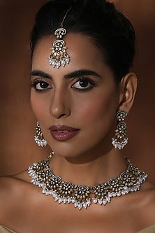 Rose Gold Finish White Kundan Polki Handmade Necklace Set
