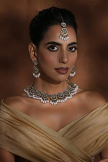 Rose Gold Finish White Kundan Polki Handmade Necklace Set