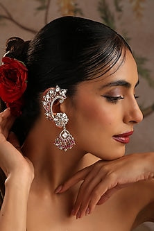 Rose Gold Finish Red Kundan Polki Cuff Earrings
