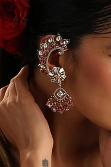 Rose Gold Finish Red Kundan Polki Cuff Earrings
