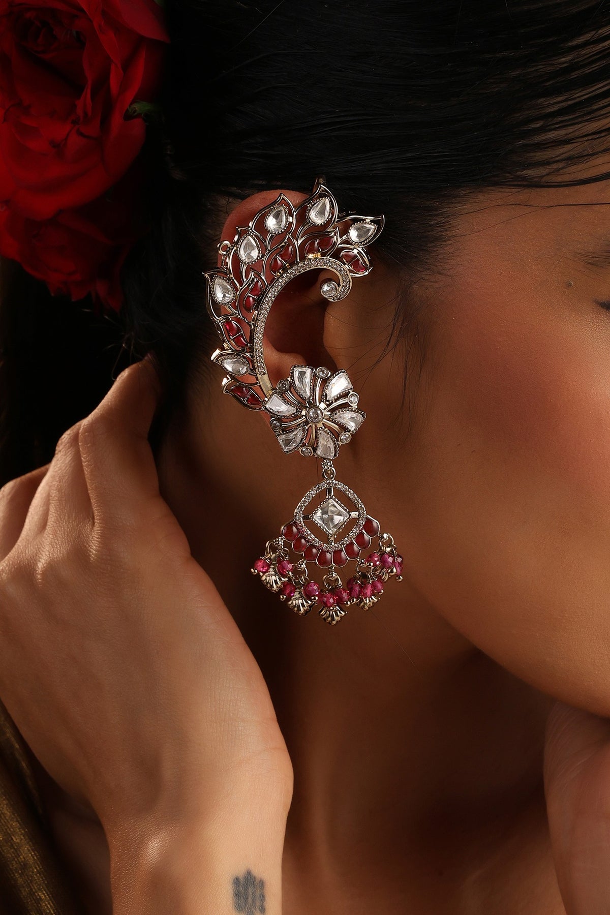 Rose Gold Finish Red Kundan Polki Cuff Earrings