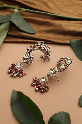 Rose Gold Finish Red Kundan Polki Cuff Earrings