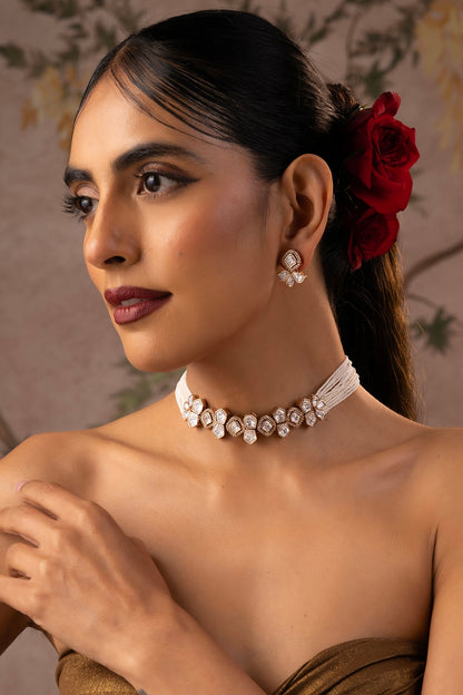 Rose Gold Finish White Kundan Polki Choker Necklace Set
