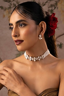 Rose Gold Finish White Kundan Polki Choker Necklace Set