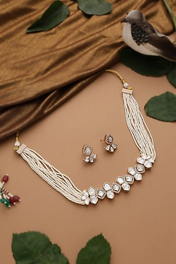 Rose Gold Finish White Kundan Polki Choker Necklace Set