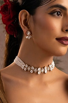 Rose Gold Finish White Kundan Polki Choker Necklace Set