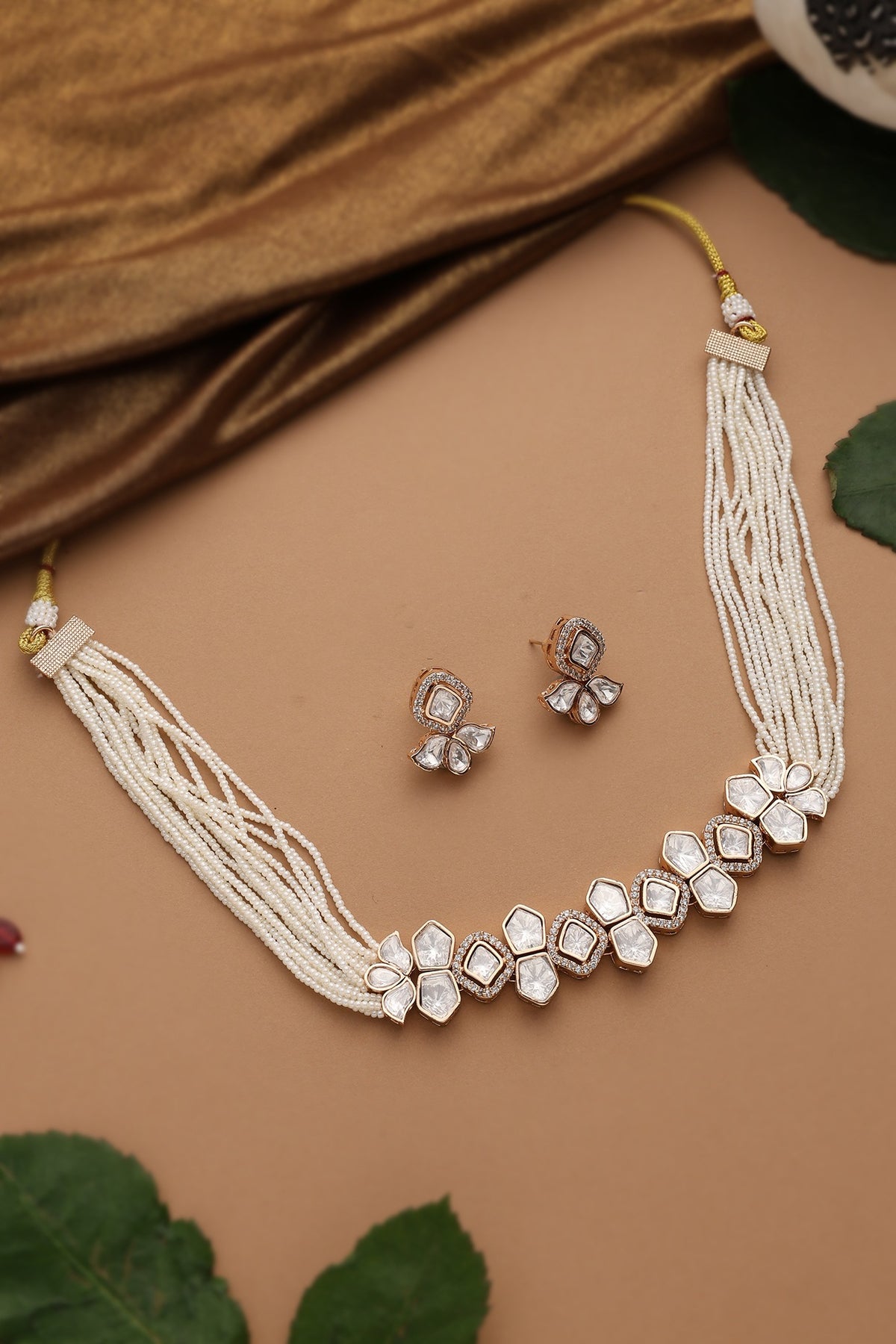 Rose Gold Finish White Kundan Polki Choker Necklace Set
