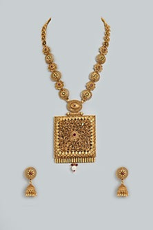 Gold Finish Long Temple Necklace Set
