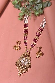 Gold Finish Shell Pearl Long Necklace Set