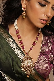 Gold Finish Shell Pearl Long Necklace Set