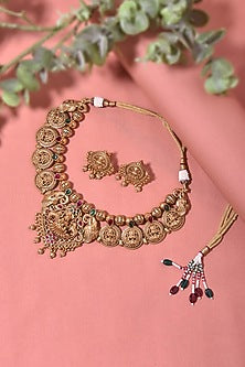 Gold Finish Multi-Colored Stone Temple Necklace Set