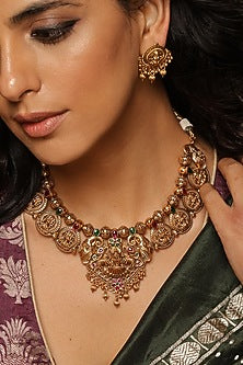 Gold Finish Multi-Colored Stone Temple Necklace Set