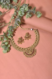 Gold Finish Multi-Colored Stone Temple Necklace Set