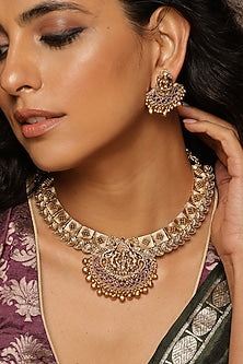 Gold Finish Multi-Colored Stone Temple Necklace Set