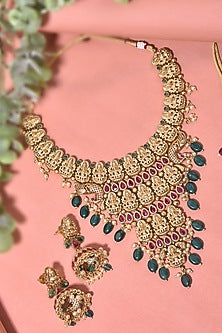 Gold Finish Multi-Colored Stone Temple Necklace Set
