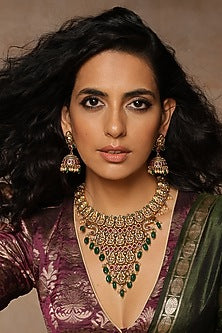 Gold Finish Multi-Colored Stone Temple Necklace Set