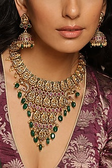 Gold Finish Multi-Colored Stone Temple Necklace Set