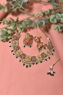 Gold Finish Multi-Colored Stone Necklace Set