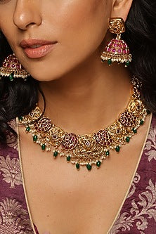Gold Finish Multi-Colored Stone Necklace Set