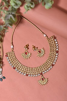 Gold Finish Ruby Synthetic Stone Necklace Set