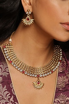 Gold Finish Ruby Synthetic Stone Necklace Set